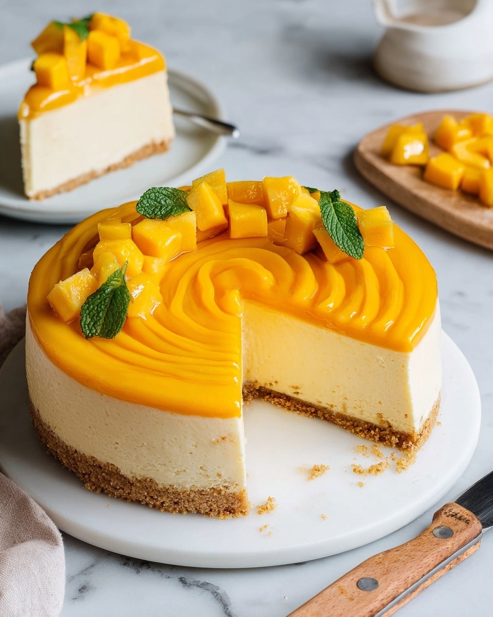 A three-layer round mango cheesecake is displayed on a white plate with a crumbly, light brown crust at the bottom, topped by a thick, smooth, pale yellow creamy cheese layer, and finished with a shiny, bright orange mango glaze swirled on top. The top edge of the cake is decorated with small diced mango pieces and fresh green mint leaves. A slice of the cake is cut out and placed on a white plate nearby, showing the clean layers clearly. The setting includes a knife with a wooden handle and a light white marbled surface underneath. photo taken with an iphone --ar 4:5 --v 7