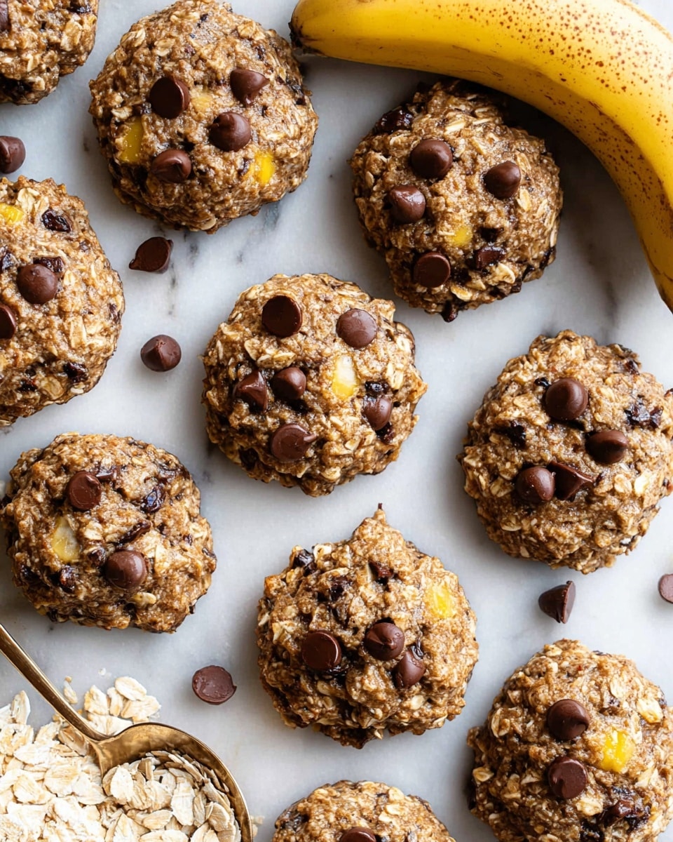 The image shows a group of round, thick cookies arranged closely together on a white marbled surface. Each cookie has a rough texture with visible oats mixed throughout the light brown base dough, speckled with dark, shiny chocolate chips and small yellow patches of banana. The cookies have an uneven, chunky shape, giving a homemade feel. Nearby, a whole speckled banana lies on the upper right side, and a spoon filled with dry rolled oats is placed at the bottom left. The overall look is rustic and inviting, suggesting a wholesome oat cookie with chocolate and banana. photo taken with an iphone --ar 4:5 --v 7