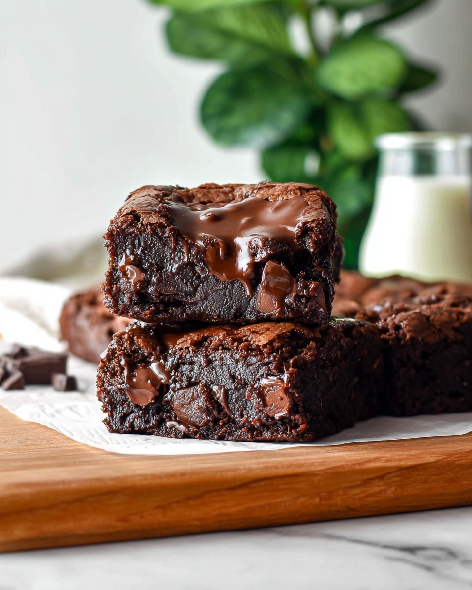 A rich, dark chocolate brownie loaf is shown on a white marbled surface, with a square piece cut and placed on top of the loaf in the center. The brownie has a thick and slightly cracked outer crust, and the inside looks moist and gooey with melted chocolate chips evenly spread throughout. The top layer is glossy with melted chocolate drizzling over the edges. In the background, there is a blurred green plant adding a fresh touch. Photo taken with an iphone --ar 4:5 --v 7