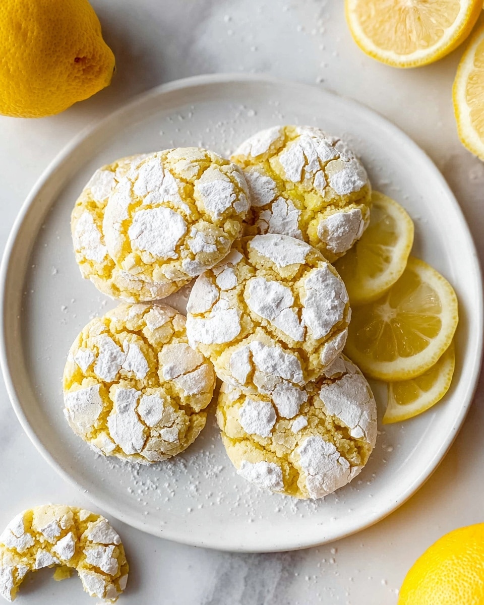 The image shows a close-up of soft lemon cookies with a cracked surface covered in white powdered sugar. One cookie with a bite taken out is in the front, revealing a moist, yellow interior. Behind it, there is a stack of similar cookies, each with the same cracked powdered sugar topping. Slices of bright yellow lemon wedges are placed around the cookies. Everything rests on a white marbled surface, adding a clean and fresh look. photo taken with an iphone --ar 4:5 --v 7