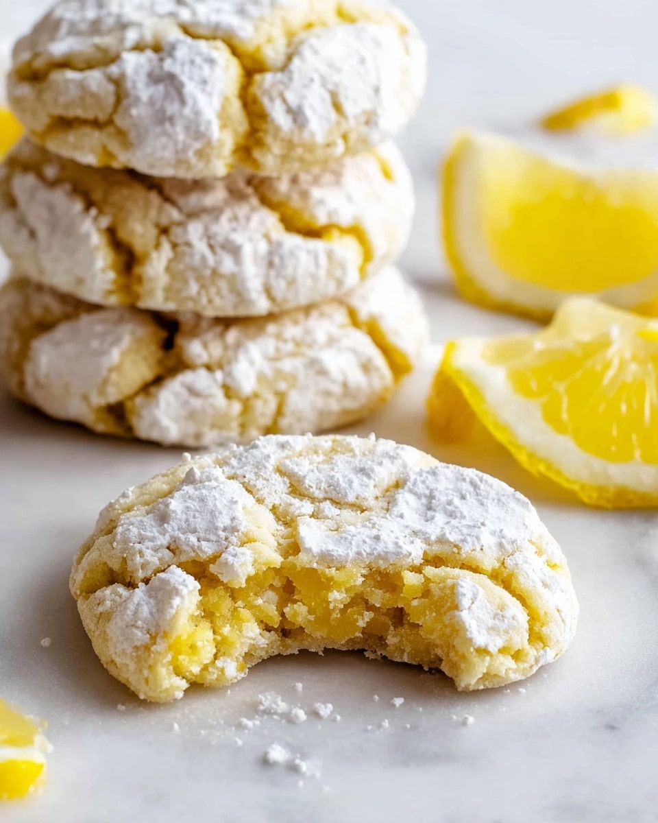 A white plate holds six lemon crinkle cookies, each with a cracked surface showing bright yellow dough underneath a dusting of white powdered sugar. The cookies are arranged close together, with one broken cookie piece placed on the edge of the plate. Three lemon wedges with bright yellow flesh and white rinds sit around the cookies on the plate. The plate is set on a white marbled surface, with a whole lemon and two more lemon halves nearby, adding extra yellow color to the scene. The light is natural and bright, making the colors fresh and clear. photo taken with an iphone --ar 4:5 --v 7