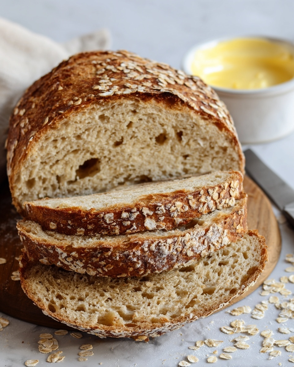 The image shows a round loaf of bread with a golden brown crust covered in oats on the top, cut into four thick slices stacked slightly over each other, revealing a soft, porous, light beige inside with an airy texture. The loaf sits on a wooden board placed on a white marbled surface with some oats scattered around. In the background, there is a white bowl filled with creamy yellow butter and a butter knife lying beside it. photo taken with an iphone --ar 4:5 --v 7