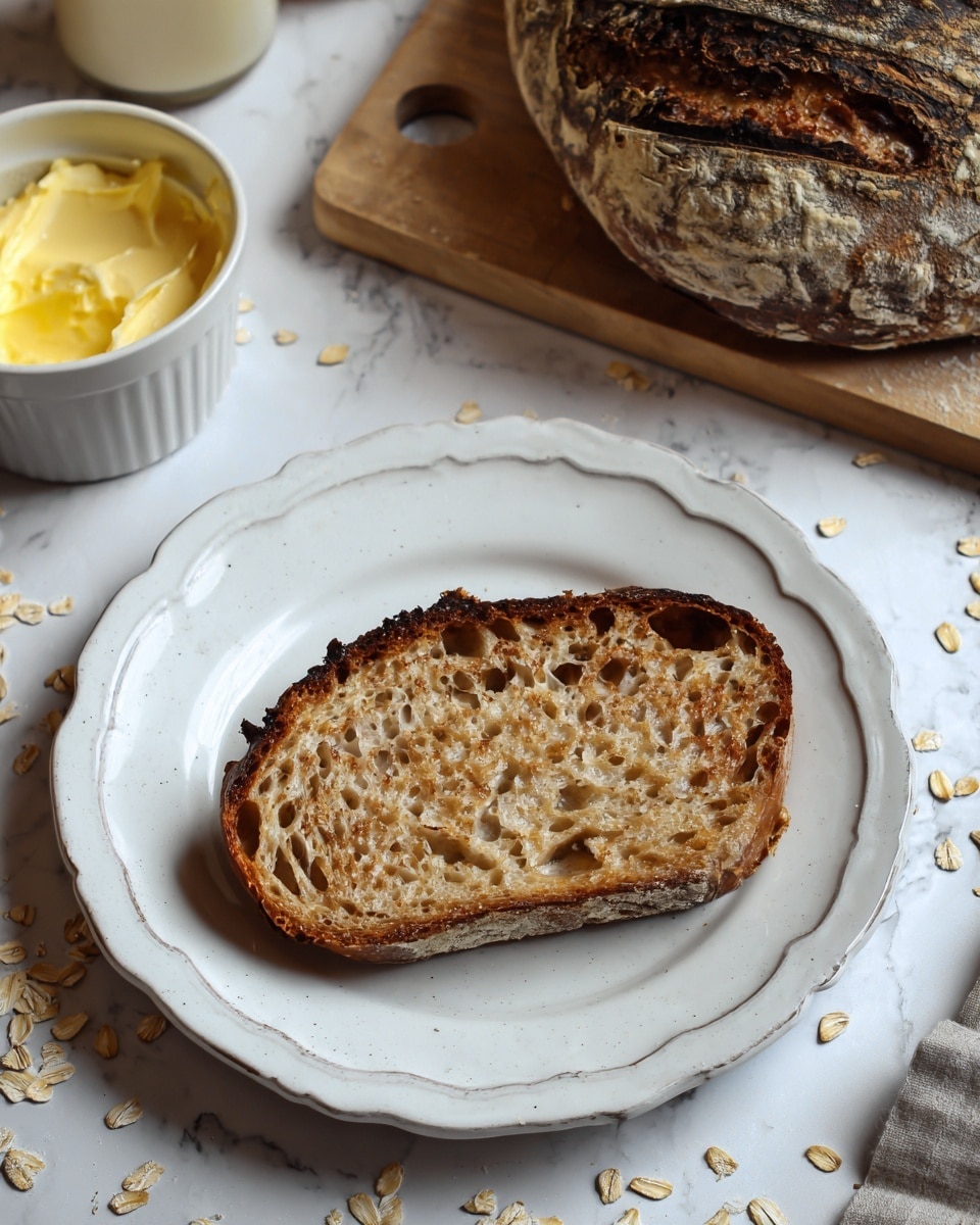 A single slice of toasted brown bread with a slightly charred edge and visible air holes sits centered on a white scalloped plate. Behind it, a large piece of rustic bread with a dark, crusty exterior and soft, pale interior rests on a wooden board. To the left, a white bowl filled with creamy yellow butter is partly visible. The scene is set on a white marbled surface scattered with a few oat flakes. photo taken with an iphone --ar 4:5 --v 7