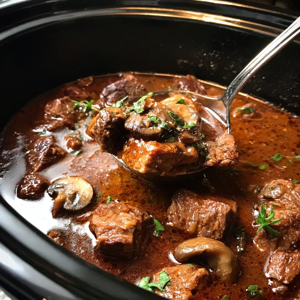 This image shows a white bowl filled with white rice as the base layer, topped with bite-sized pieces of brown stewed beef and sliced mushrooms covered in a dark, glossy sauce. Small green parsley leaves are sprinkled on top, adding a pop of color. The bowl sits on a white marbled surface, and the focus is on the beef and mushrooms in the center. Photo taken with an iphone --ar 4:5 --v 7
