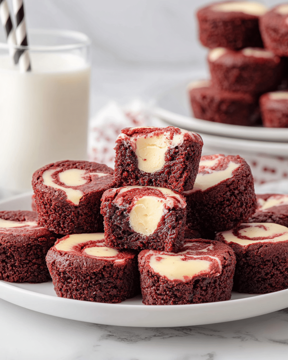 A white plate is filled with a pile of small, round red velvet cream cheese brownies, each about two layers thick. The outer layer is dark red with a soft, cake-like texture, and the center has a swirl of creamy white and light pink cream cheese filling, creating a marbled effect. Some brownies are stacked on top of each other, showing their thick sides and round tops with smooth cream cheese centers. In the background, there is a white marbled surface and another white plate with more brownies is slightly blurred. Photo taken with an iphone --ar 4:5 --v 7