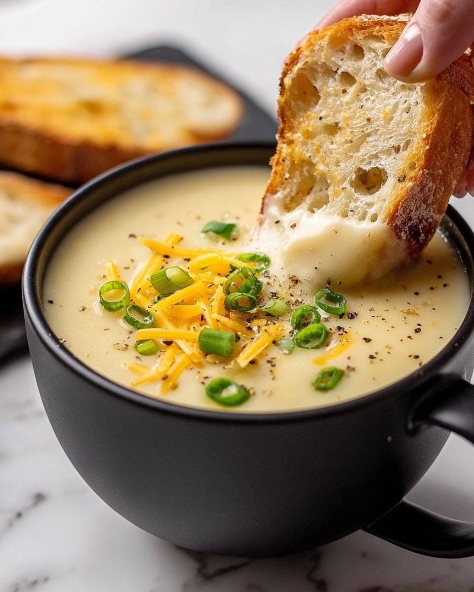 A black cup filled with thick, creamy yellow cheese soup topped with shredded cheese, chopped green onions, and black pepper bits. A slice of crispy toasted bread with golden brown edges is dipped into the soup, covered in melted cheese and green onion pieces. The cup sits on a white marbled surface with some scattered crumbs around it. In the background, there is another black cup with similar cheese soup. Photo taken with an iphone --ar 4:5 --v 7