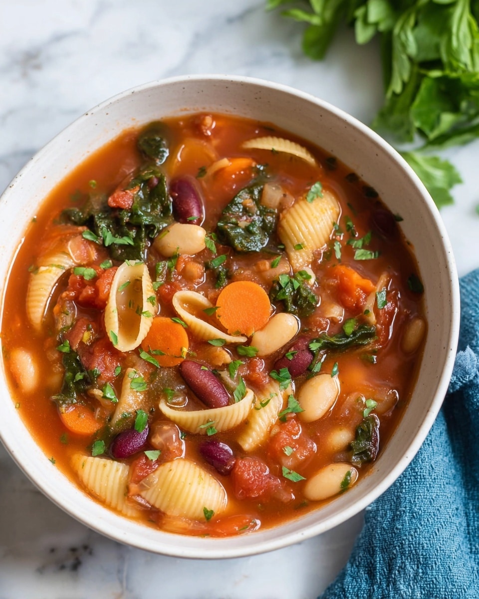A close-up image of a white shallow bowl filled with a vibrant tomato-based soup featuring several layers of ingredients. The base layer is a rich red broth with visible chunks of diced tomatoes and beans. Floating in the broth are light yellow pasta shells that have a slight ridged texture. Bright orange carrot slices and dark green leafy spinach pieces add color contrast and texture throughout. Small white and red kidney beans are scattered evenly within the soup. The dish is lightly sprinkled with grated cheese and chopped fresh herbs on top. A silver spoon rests inside the bowl on the right side. The bowl is set on a white marbled surface. photo taken with an iphone --ar 4:5 --v 7