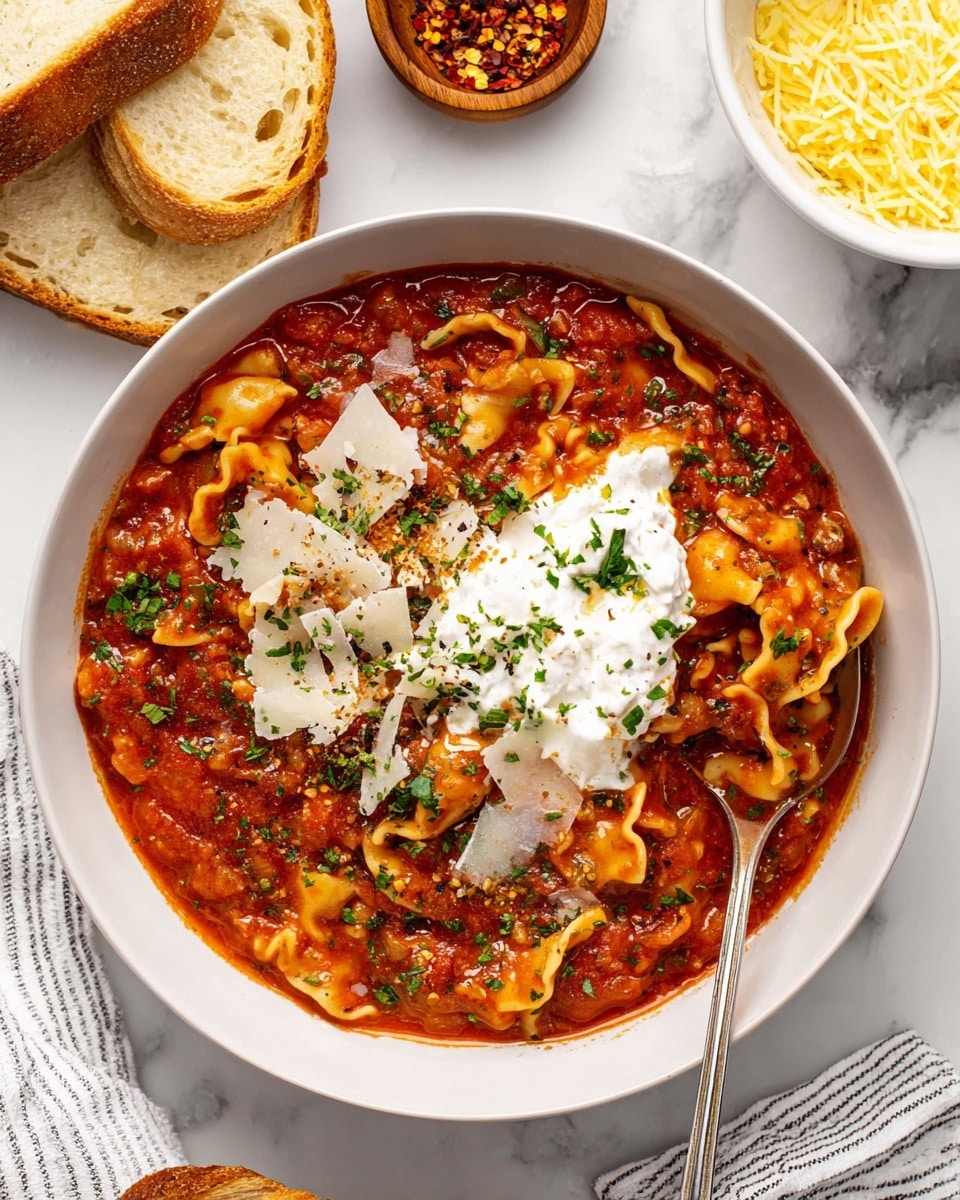 A white pot filled with a rich red tomato meat sauce showing curly-edged lasagna noodles throughout; the sauce is thick and textured with small bits of green herbs and meat visible. On top, there are three distinct cheese layers near the center – finely shredded pale yellow cheese on the right, larger pale yellow cheese shavings on the left, and a white dollop of soft ricotta cheese in the middle. Some fresh green herbs are sprinkled over the cheeses and sauce adding a fresh contrast. The pot rests on a white marbled surface. photo taken with an iphone --ar 4:5 --v 7
