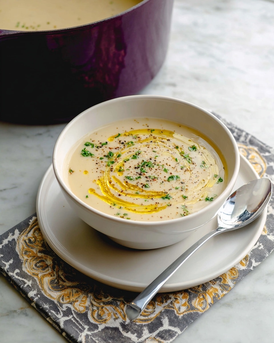 A white shallow bowl filled with light creamy soup that has a smooth texture and small bits inside. On top, there is a spiral drizzle of golden oil and fresh green herb leaves scattered around with a light dusting of black pepper. A silver spoon rests in the bowl on the right side. The bowl sits on a folded patterned cloth with soft beige and gold designs, placed over another white plate, all on a white marbled surface with a small sprig of herbs beside it. Photo taken with an iphone --ar 4:5 --v 7