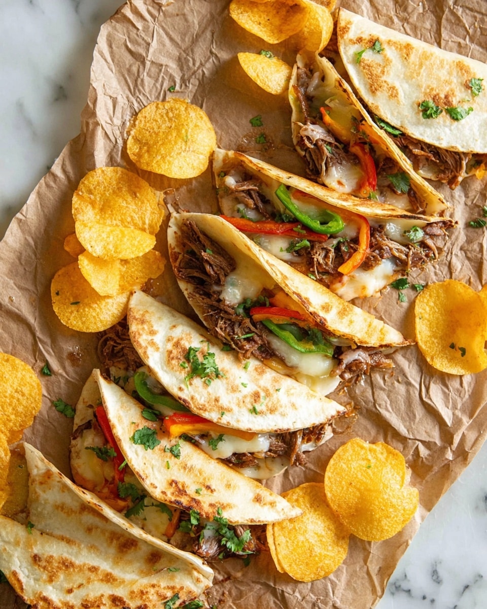 The image shows five soft, lightly toasted tortillas folded in half and filled with several layers of thinly sliced cooked beef, melted white cheese, and strips of yellow, red, and green bell peppers. The folded side of each tortilla is placed on brown parchment paper scattered with yellow, ridged, curved potato chips. Fresh green cilantro leaves are sprinkled generously over the tacos and chips, adding a fresh color contrast. The setting has a white marbled texture underneath the parchment paper, creating a clean background. Photo taken with an iphone --ar 4:5 --v 7