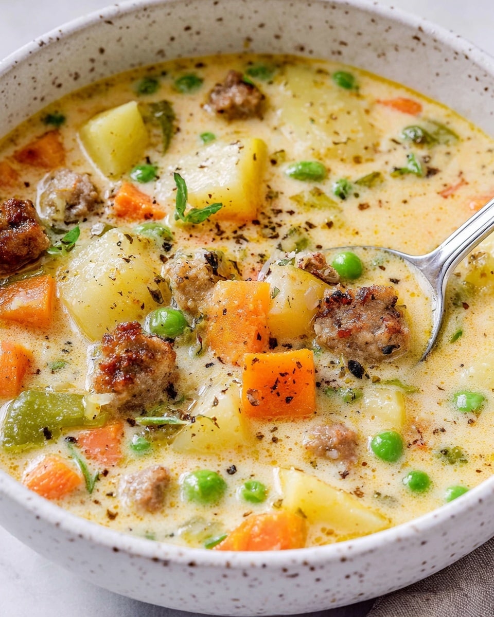 A close-up image of a creamy soup in a white speckled bowl placed on a white marbled surface, showing a mix of diced orange carrots, green peas, small potato chunks, and crumbly brown sausage bits in a thick light yellow broth with visible black pepper seasoning, with a silver spoon scooping a portion from the right side. photo taken with an iphone --ar 4:5 --v 7