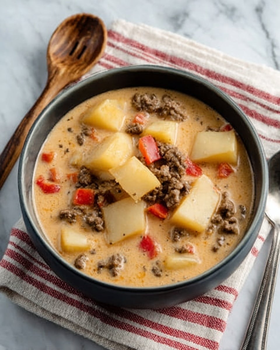 A bowl filled with a creamy soup containing several layers of ingredients: large yellow potato cubes, browned chunks of ground meat, translucent onion pieces, and small red tomato pieces scattered throughout the light beige broth. The bowl is white with vertical ridges on the outside, sitting on a red and white checkered cloth on a white marbled surface. To the right side of the bowl is a spoon with a wooden handle. In the background, there is a cutting board and some green leafy herbs. Photo taken with an iphone --ar 4:5 --v 7