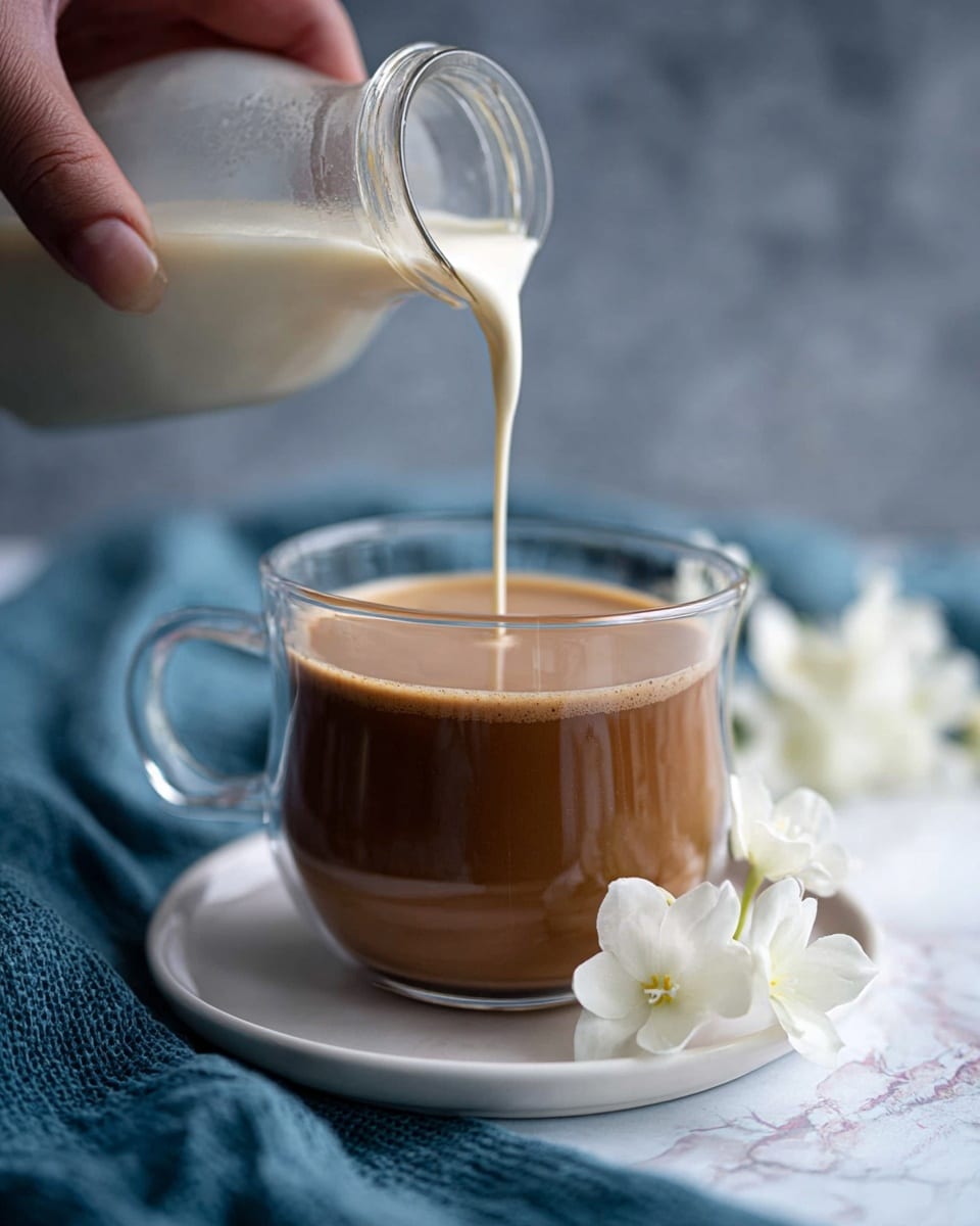 A clear glass cup filled with rich brown coffee sits on a white plate, with smooth cream being poured into the coffee from a glass bottle held by a woman's hand at the top left, creating a creamy swirl on the coffee surface. The cup rests on a blue textured cloth, and there are soft white flowers placed beside the plate on a white marbled surface. The background is softly blurred in blue-grey tones. photo taken with an iphone --ar 4:5 --v 7