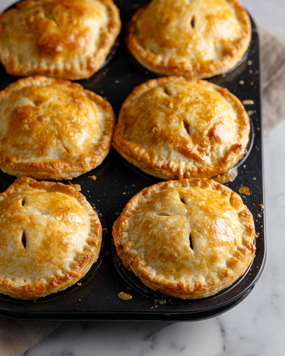 Six small round golden-brown hand pies with a slightly shiny crust sit in a black muffin tray on a white marbled surface. Each hand pie has a crimped edge and small slits on top for steam to escape. The crust texture is flaky with uneven light brown spots, showing a homemade, rustic look. The pies are closely packed in the tray, and some oil or butter residue is visible around the edges. Photo taken with an iphone --ar 4:5 --v 7