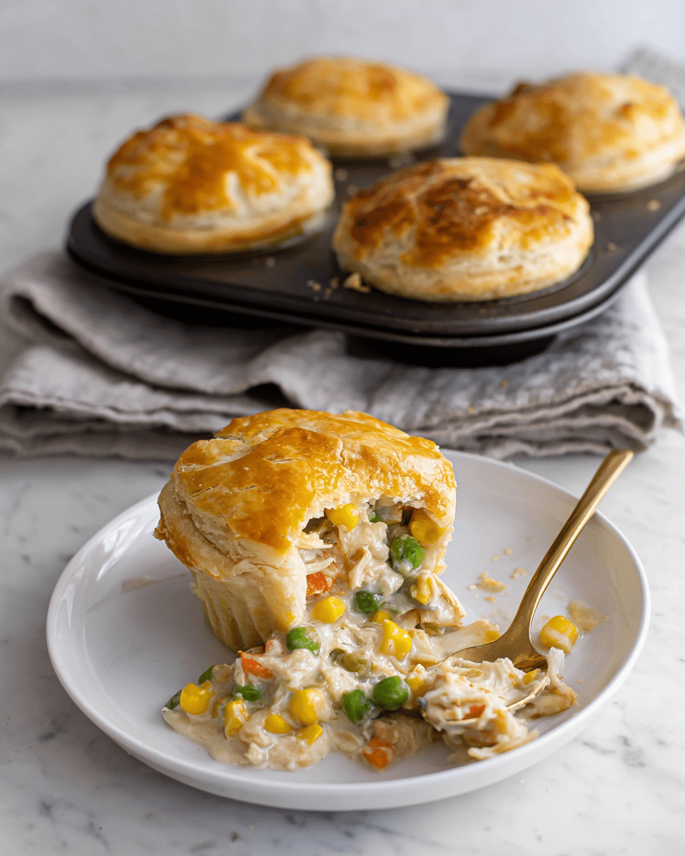 A white plate holds a small pot pie with a golden brown, flaky top crust that looks crisp and slightly uneven. The pie is partly eaten, showing layers inside with creamy white filling mixed with bright yellow corn, green peas, and small orange carrot pieces. Next to the plate is a gold spoon with some filling on it. In the background, a dark metal muffin tin with four more golden pot pies sits on a folded light gray cloth, all placed on a white marbled surface. photo taken with an iphone --ar 4:5 --v 7