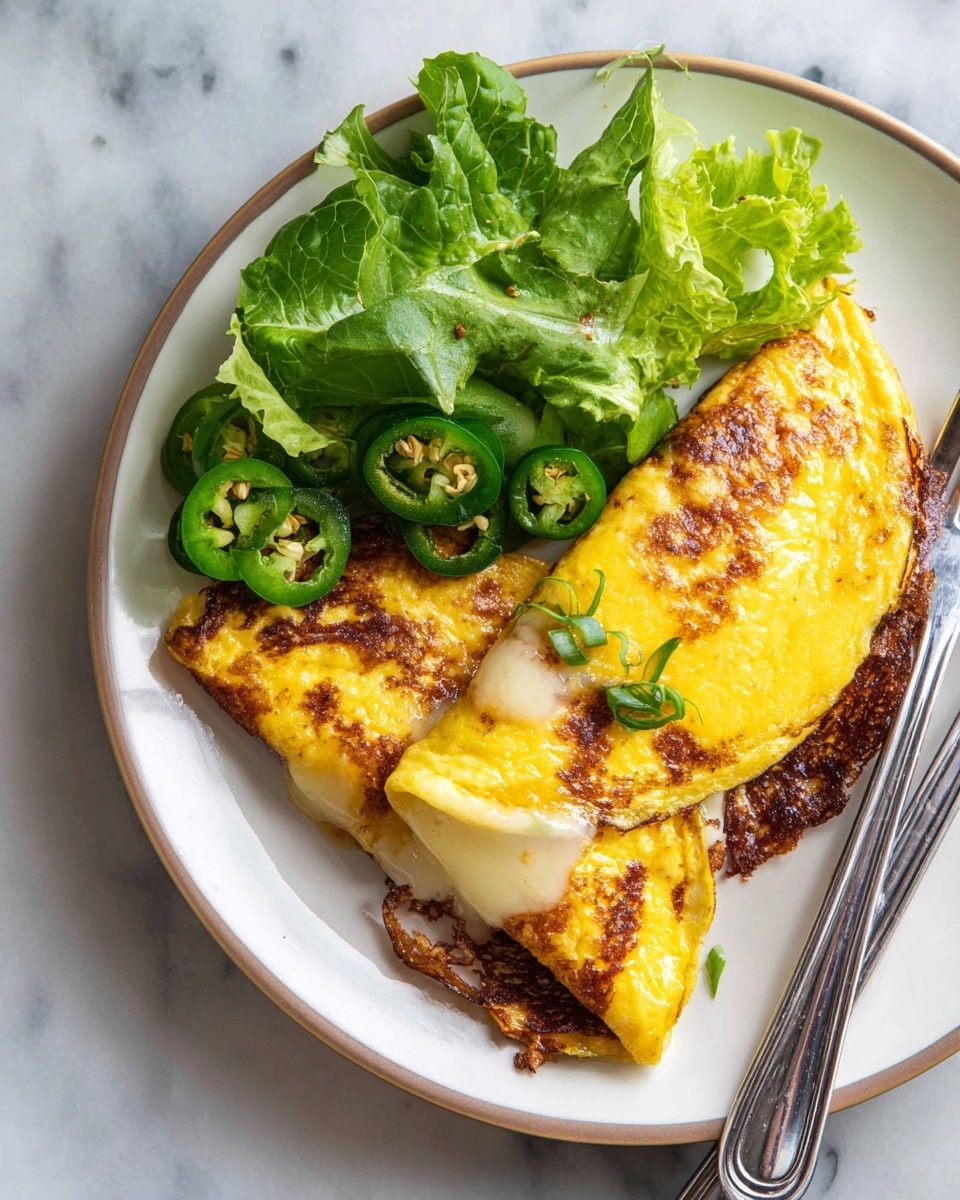The image shows two folded, golden-yellow omelets with a browned, crispy texture on the outside, layered over melted white cheese that drips slightly onto a slice of crispy brown bread beneath. There are slices of green jalapeño peppers inside and garnished around the plate. On one side, there is a small bunch of fresh green and light purple lettuce leaves adding a fresh look. The food is placed on a white plate with a light blue edge, resting on a white marbled surface. A fork and knife with black handles sit beside the plate. Photo taken with an iphone --ar 4:5 --v 7