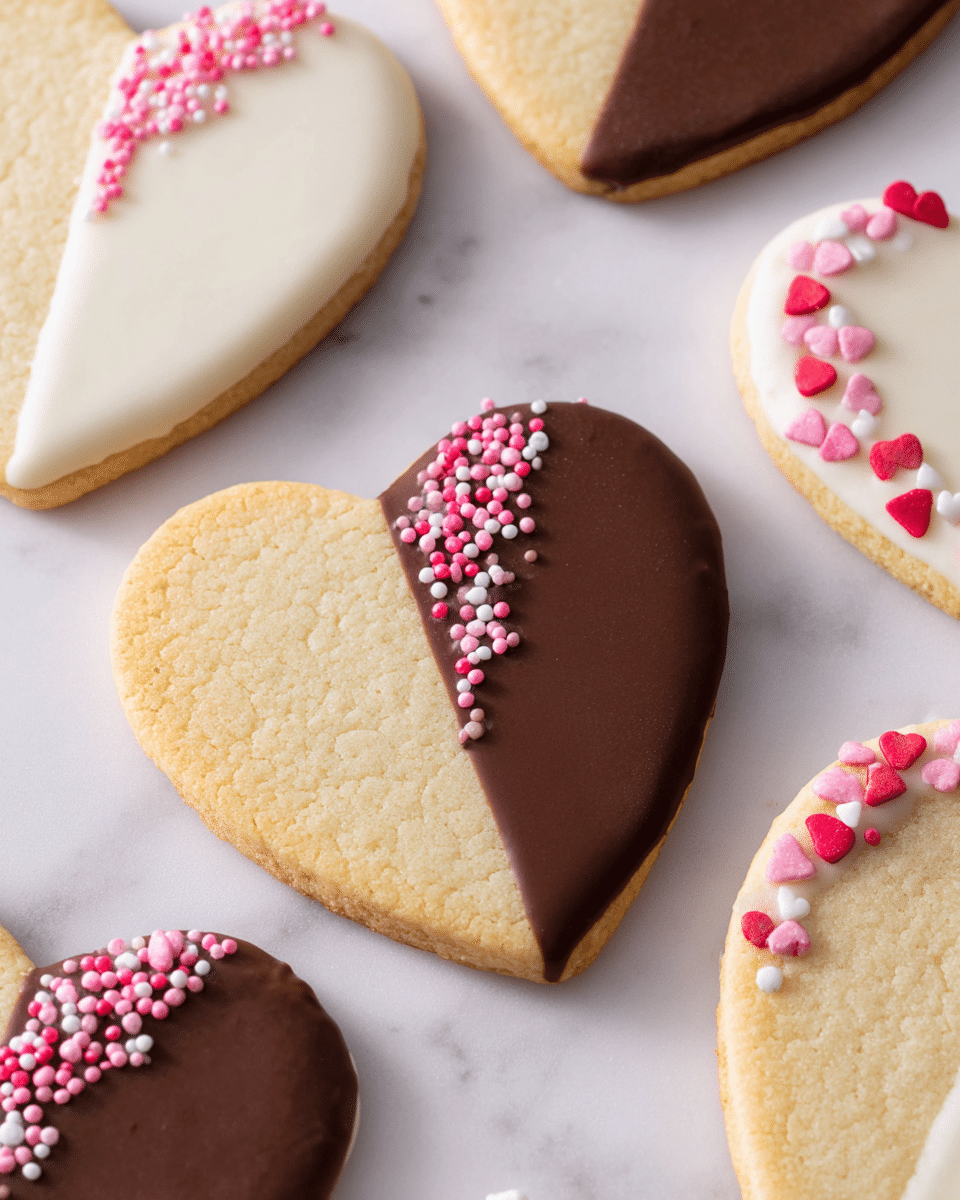 A gold wire cooling rack sits on a white marbled surface, holding eleven heart-shaped sugar cookies. Each cookie is half-dipped in smooth chocolate or white icing. The chocolate-dipped halves are decorated with either small pink and red heart sprinkles or tiny round pink and white sprinkles, arranged along the edge where icing meets the cookie. The white-iced cookies feature pink and white round sprinkles with red and pink heart sprinkles on the dipped halves. The cookies have a golden-brown baked texture on the plain side. On the top right side of the wire rack, a white bowl filled with melted chocolate has a gold spoon dipped in it, and a crumpled pink cloth lies just beyond the rack. Photo taken with an iphone --ar 4:5 --v 7