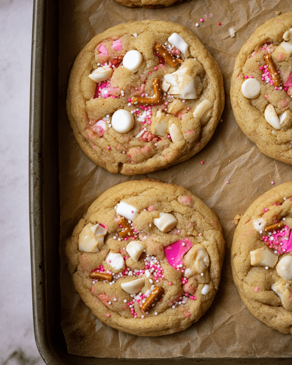 Close-up top view of four round cookies on brown parchment paper inside a dark baking pan. Each cookie has a light golden color with a soft texture, decorated with broken white chocolate chips, pink candy pieces, small crunchy pretzel bits, and tiny pink and white round sprinkles scattered evenly across the surface. The cookies look thick and slightly soft in the middle with a crumbly edge. The baking pan rests on a white marbled texture. photo taken with an iphone --ar 4:5 --v 7