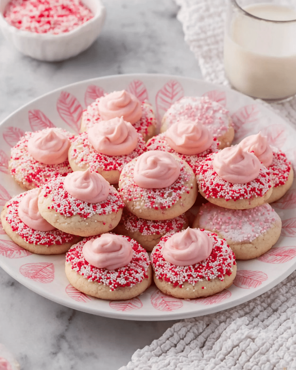 The image shows a white plate with a light pink leaf pattern holding around eleven round cookies, each with two layers. The bottom layer is a soft cookie, some covered with small red, white, and pink sprinkles, and others plain light cream covered in powder sugar. On top of each cookie is a dollop of smooth, pale pink frosting, sitting in the center, forming a small peak. The plate is on a white marbled surface, with a glass of milk nearby and a white textured cloth folded to the side. photo taken with an iphone --ar 4:5 --v 7