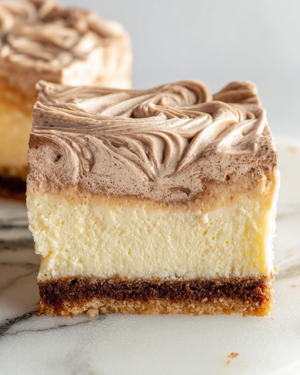 A close-up image of a square slice of a three-layer dessert on a white marbled surface. The bottom layer is a light brown, slightly crumbly crust. The middle layer is thick and creamy, pale yellow cheesecake with a smooth, dense texture. The top layer is a fluffy, light brown mousse or frosting with soft peaks and smooth swirls, covering the entire top and slightly dripping down the sides. Photo taken with an iphone --ar 4:5 --v 7