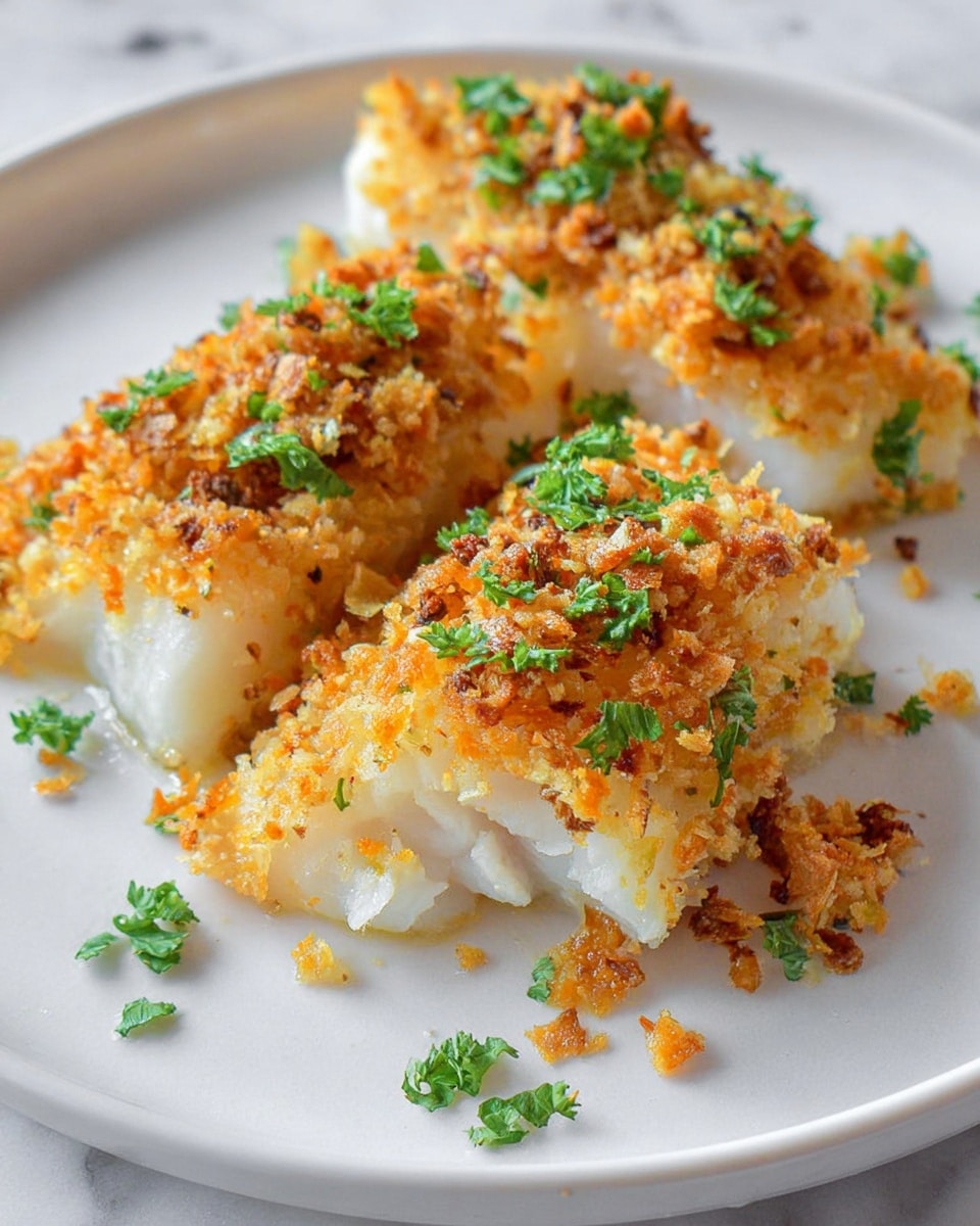 The image shows two pieces of baked fish fillets on a white plate, placed on a white marbled surface. Each fillet has two layers: the bottom layer is a thick, soft white fish fillet with a smooth texture, and the top layer is a golden-brown crispy crust made of crumbs mixed with small chunks, giving a crunchy appearance. There are small sprigs of green parsley scattered on top of the fillets and around on the plate for garnish, adding a fresh touch. The overall look is warm and inviting, with a focus on the contrast between the flaky white fish and the textured, browned topping. Photo taken with an iphone --ar 4:5 --v 7