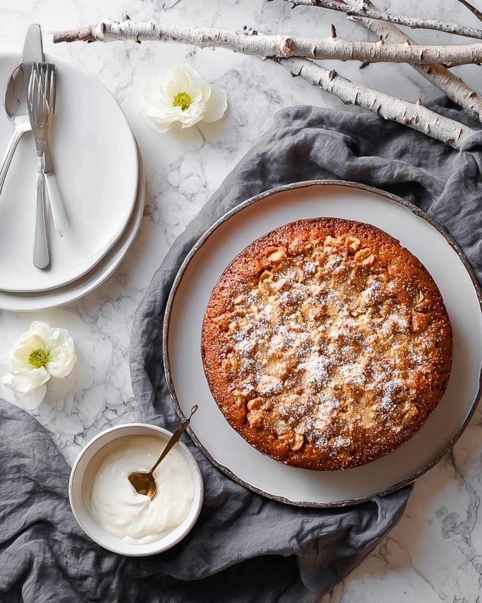 The image shows a slice of light yellow cake with a golden-brown crust and a crunchy nut topping dusted with powdered sugar. The cake slice is on a white plate with a thin gold rim, with a silver fork resting on the plate next to the slice. In the background, the rest of the cake sits on another white plate, partially visible on the right side. A white bowl filled with thick white cream and a spoon is near the top left corner, and the scene includes two white birch branches and a crumpled dark gray cloth on a white marbled surface. photo taken with an iphone --ar 4:5 --v 7