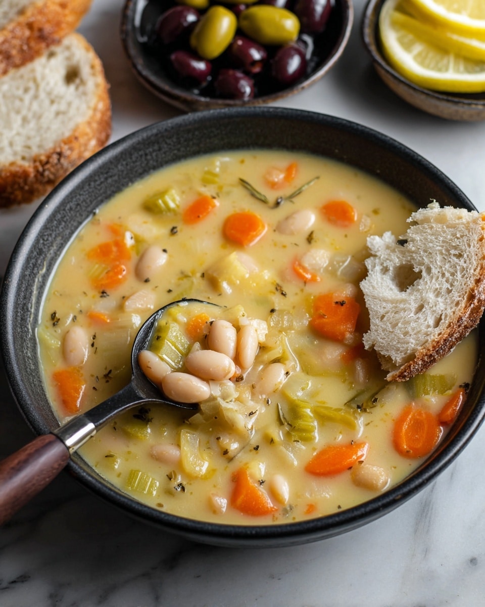 A close-up view of a bowl of creamy soup filled with chunky pieces of orange carrot, pale green celery, and white beans in a light yellow broth, with a slice of soft white bread partially dipped into the soup on the right side of the bowl. A spoon with a wooden handle, held by a woman's hand, lifts a portion of the soup showing the same mix of vegetables and beans. Around the bowl, there is a white bowl of mixed green and purple olives on the top right, and a white bowl with cut lemon wedges in the top left corner, all arranged on a white marbled surface. photo taken with an iphone --ar 4:5 --v 7