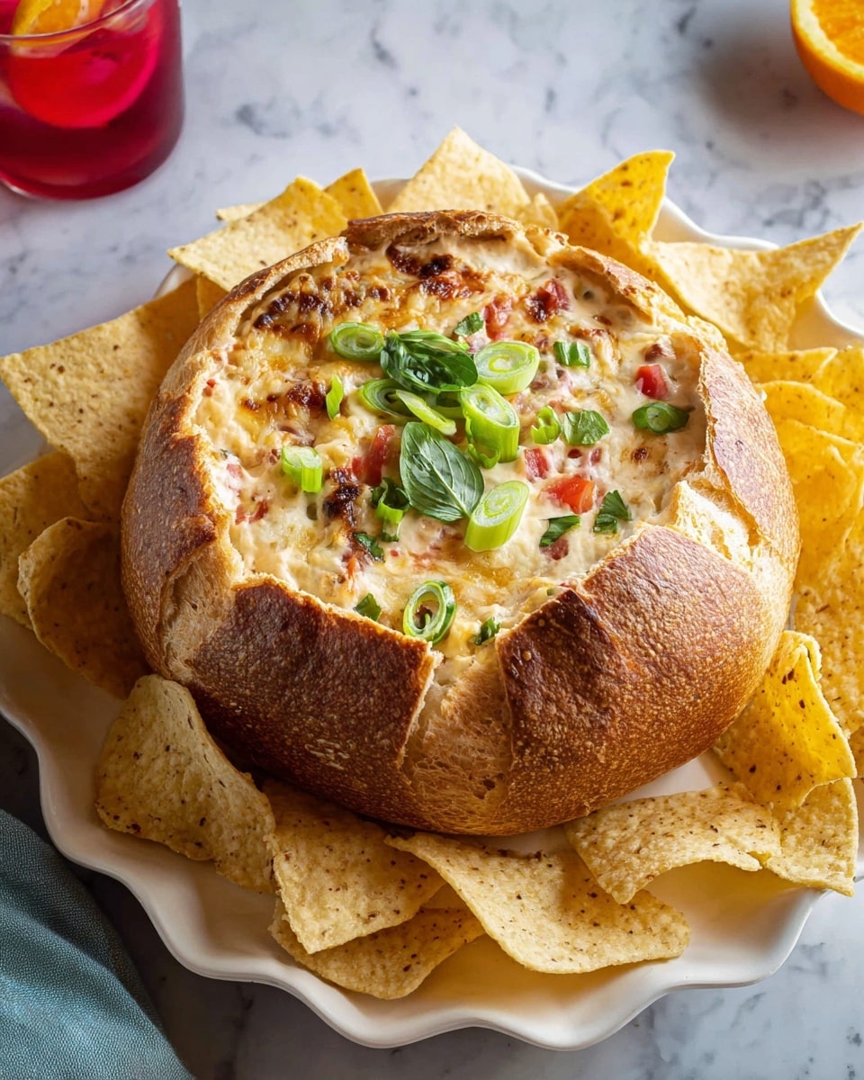 A round bread bowl with a crusty, golden-brown outer layer is filled with a creamy dip that has a mixed texture of melted cheese, small pieces of red and green vegetables, and bits of browned ingredients, possibly bacon or sausage. The dip is topped with sliced green onions and a small sprig of fresh basil in the center. Surrounding the bread bowl on a white scalloped plate are many lightly golden tortilla chips with a slightly rough texture. The scene is set on a white marbled surface with a partially visible red drink with a lemon slice in the upper left corner. Photo taken with an iphone --ar 4:5 --v 7