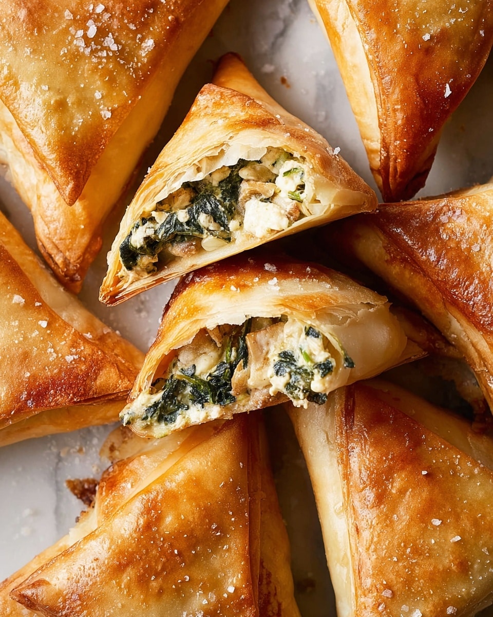 A white round plate holds eight golden-brown triangle-shaped pastries with a shiny surface, arranged in a circular pattern with one pastry cut open to show a creamy filling with green spinach and melted cheese stretching between the halves. The pastries have a smooth, slightly puffed texture with crispy edges. A small purple flower is placed on the plate beside the pastries, and the plate rests on a white marbled surface with a striped cloth partially visible at the edge. photo taken with an iphone --ar 4:5 --v 7