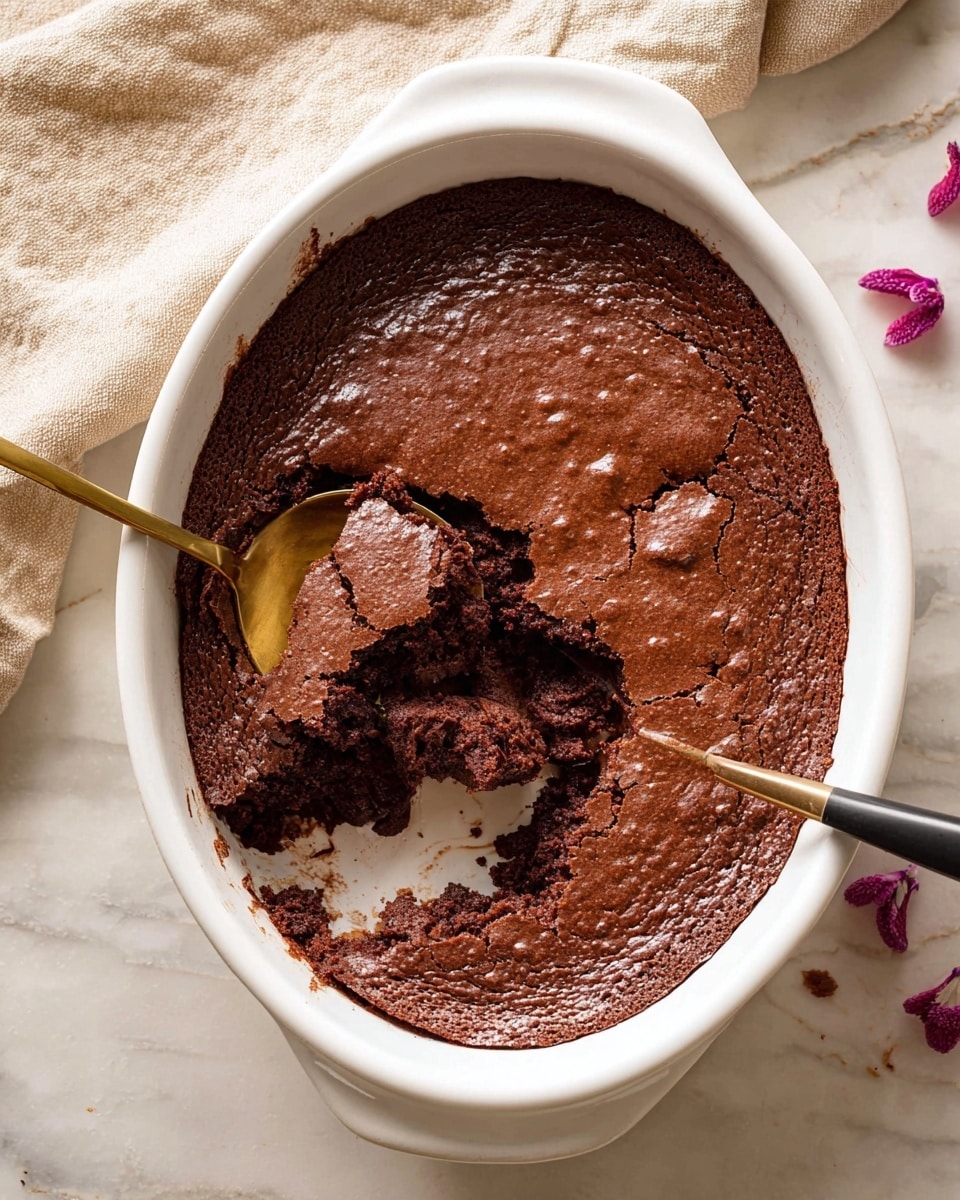 This is a round deep white dish with two handles, filled with a rich dark brown chocolate lava cake that has a cracked top layer showing a moist, gooey inside. On one side of the dish, there are two scoops of creamy white vanilla ice cream slightly melting onto the cake. A spoon with a black handle and gold scoop is resting inside the dish, scooping out a portion of the cake to reveal the soft texture beneath the crust. The dish is placed on a white marbled surface with a cream cloth partially visible in the top right corner and a small white bowl with coarse salt in the top left corner. A few small pink flowers are scattered at the bottom left. Photo taken with an iphone --ar 4:5 --v 7