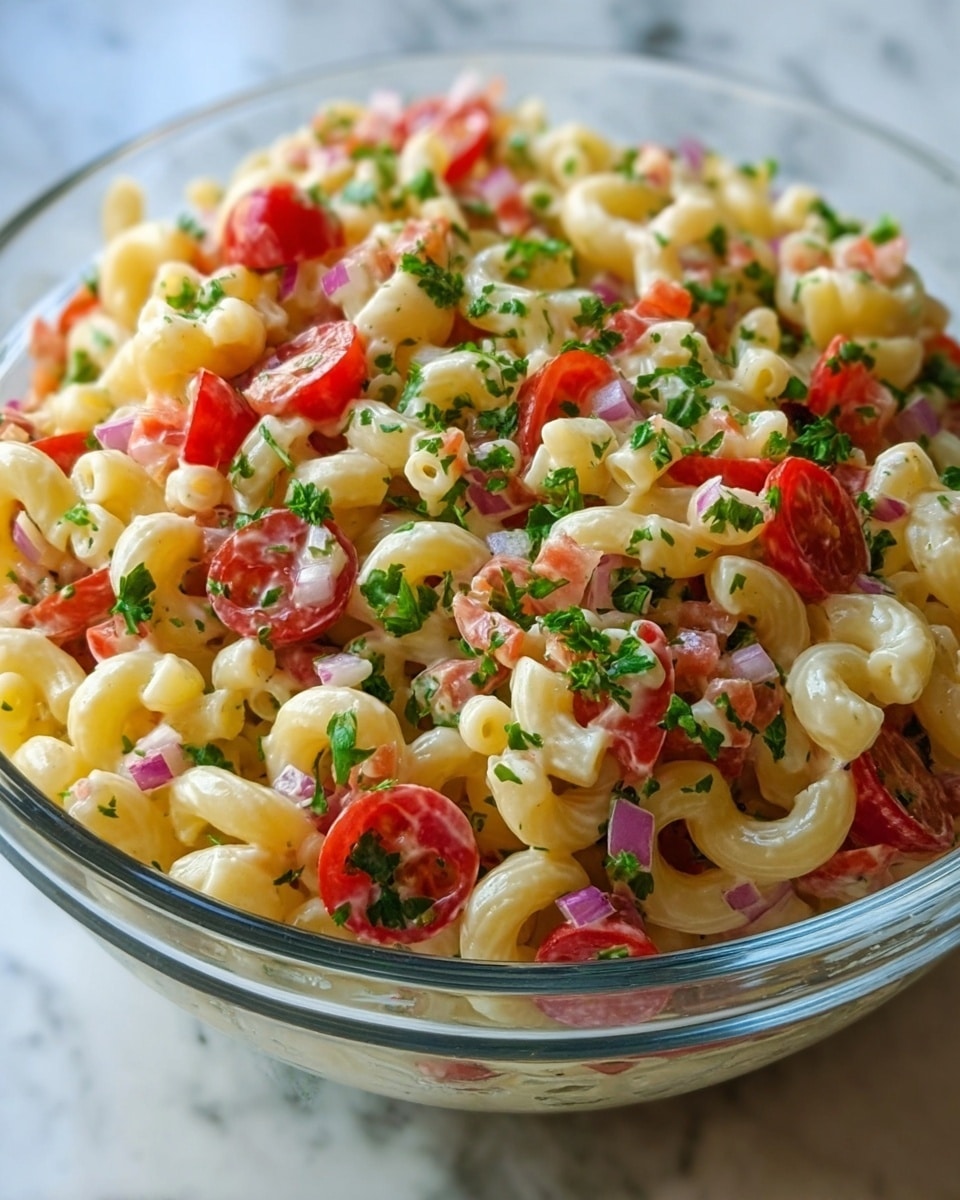 A clear glass bowl filled with a pasta salad showing three main layers: a base of small elbow macaroni pasta with a light cream sauce coating, scattered bright red halved cherry tomatoes and diced red onions spread evenly throughout, topped with small chopped green herbs sprinkled all over. The pasta pieces are pale yellow and soft textured, while the tomatoes have a shiny smooth surface and the diced onions have a slight purple shade mixed in. The background features a white marbled textured surface. photo taken with an iphone --ar 4:5 --v 7