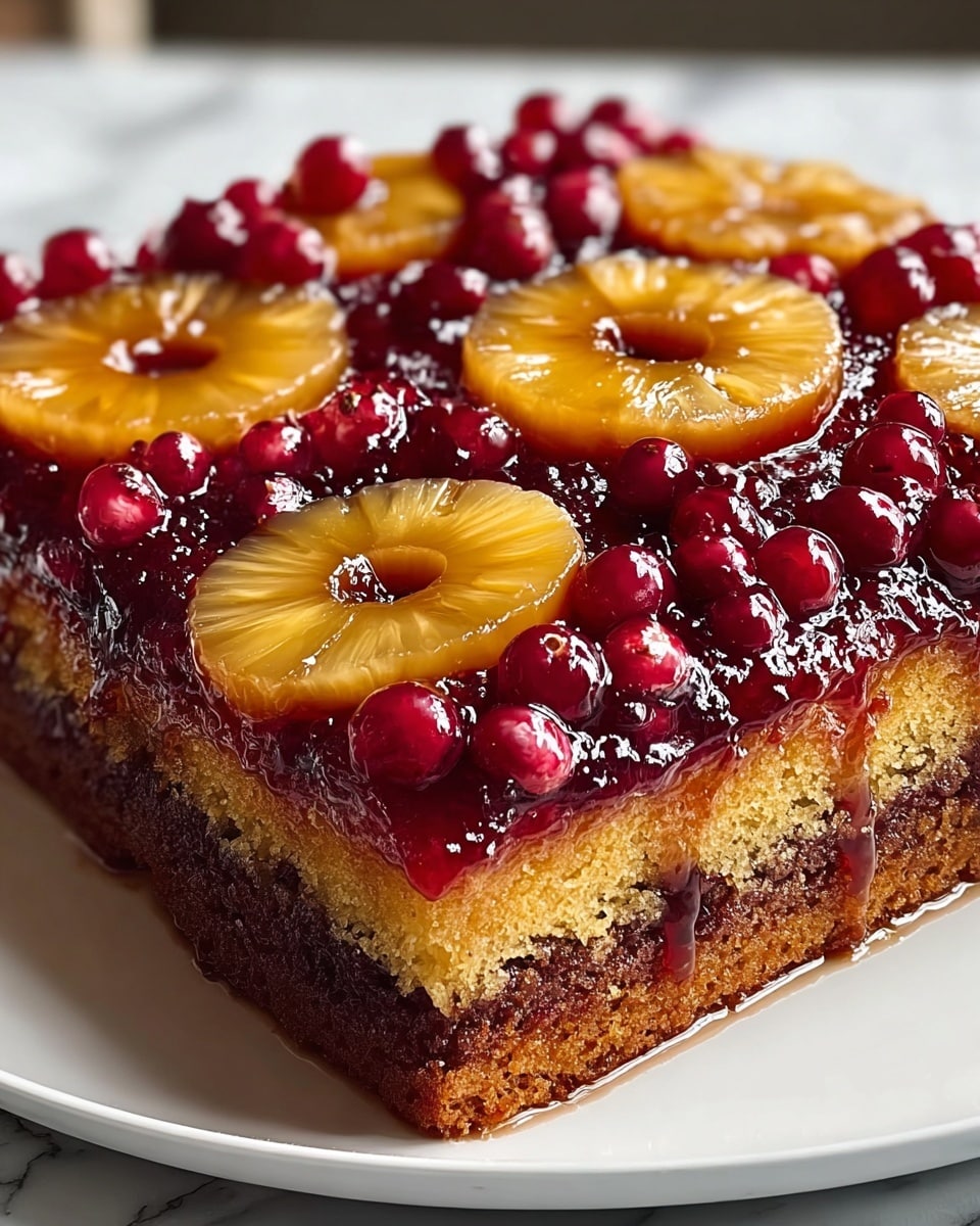 The image shows a square upside-down cake on a white plate, set on a white marbled texture. The cake has three visible layers: the bottom layer is dark brown and looks dense and moist, the middle layer is a thick golden-brown sponge with a soft texture, and the top layer is a shiny, deep red berry glaze. On the top layer, there are several round pineapple slices arranged in rows, each slice golden-yellow with a translucent sheen, surrounded by clusters of small, glossy red berries that add a rich contrast. The glaze covers the entire top and drips slightly down the sides, creating a glossy, wet look. Photo taken with an iphone --ar 4:5 --v 7