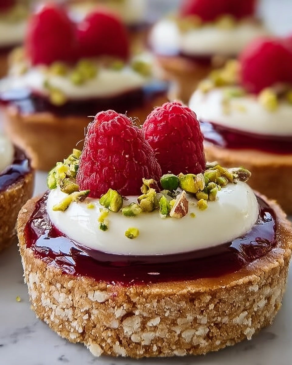 The image shows small tartlets arranged closely together. Each tartlet has a light brown crumbly crust as the base layer. Above the crust is a thick, shiny dark red jelly layer that slightly drips over the edges. On top of the jelly, there is a smooth creamy white layer shaped like a rounded dome. Two fresh red raspberries sit on that creamy layer of each tartlet. Around the raspberries, there are small pieces of green and brown crushed nuts scattered, adding texture and color contrast. All tartlets are placed on a white marbled surface. photo taken with an iphone --ar 4:5 --v 7