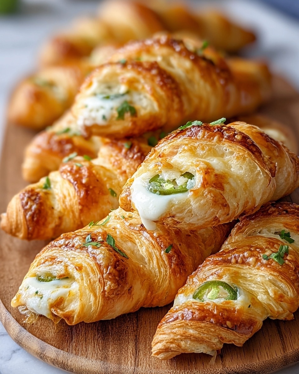 Five golden-brown croissants sit on a round wooden board on a white marbled surface. Each croissant has three layers: a flaky, crispy outer layer with a shiny, baked crisp texture, a white creamy filling layer with smooth texture visible through the twisted dough, and thin green slices of jalapeño pepper inside. Some croissants have small green parsley leaves scattered on top, adding a pop of fresh green color. The croissants are arranged close together, showing their curved shape and layered detail. photo taken with an iphone --ar 4:5 --v 7