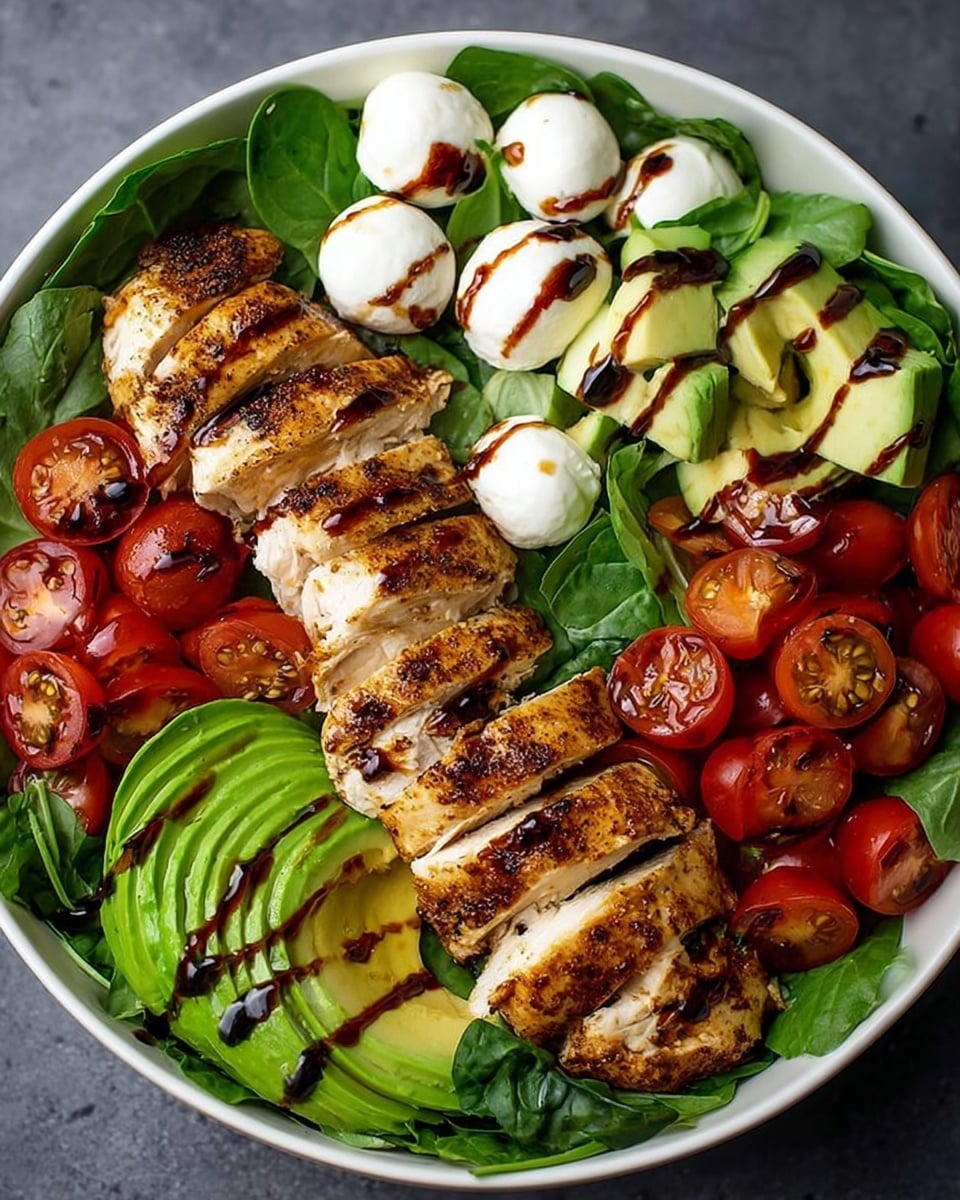 A white bowl filled with green spinach leaves as the base layer, topped with slices of grilled chicken arranged in a neat row along one side, showing a golden brown and slightly charred texture. Next to the chicken are halved bright red cherry tomatoes and fresh basil leaves scattered around. On another section, avocado slices are fanned out showing their smooth green texture. Small round white mozzarella balls, drizzled with a dark balsamic glaze, are placed on top of the spinach and avocado. The mix of green, red, white, and brown colors creates a fresh and vibrant look. photo taken with an iphone --ar 4:5 --v 7