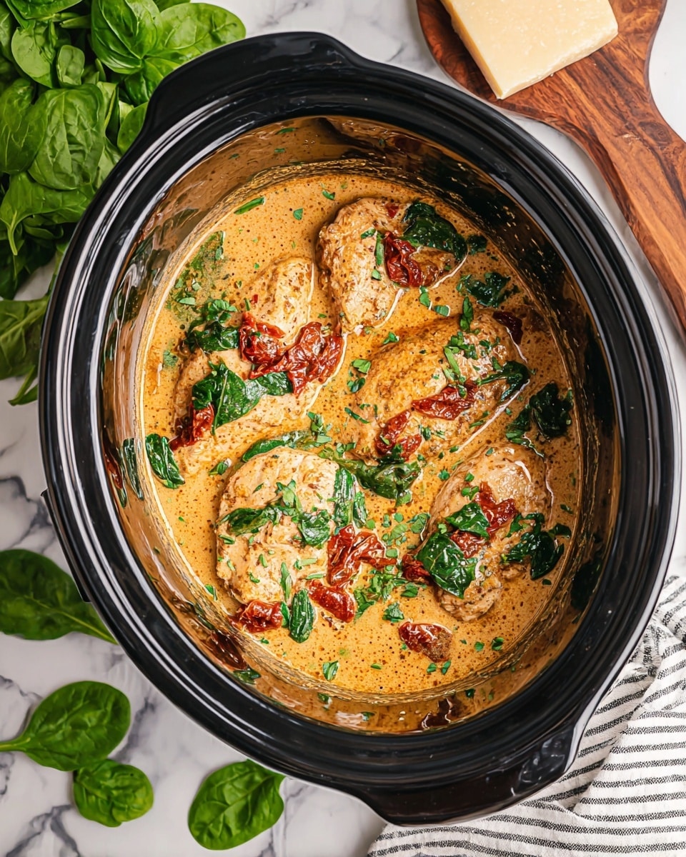The image shows a black slow cooker filled with creamy cooked chicken breasts, bathed in a light orange sauce. On top and around the chicken, there are bright green spinach leaves and dark red sun-dried tomatoes, creating a colorful contrast. The sauce looks smooth and slightly thick, covering the chicken partially. Around the slow cooker, fresh green spinach leaves rest on a white marbled surface, with a grater and block of Parmesan cheese visible on the side. A striped cloth is slightly visible under the cooker. photo taken with an iphone --ar 4:5 --v 7