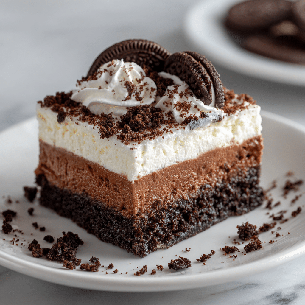 A close-up of a square layered dessert on a white plate, placed on a white marbled surface. The dessert has four distinct layers: the bottom layer is a dark, crumbly chocolate crust; above it is a thick, smooth white cream layer; next is a rich, glossy chocolate pudding layer; and the top layer is a fluffy white cream sprinkled with crushed chocolate cookie crumbs and decorated with halved chocolate sandwich cookies standing upright. Some crumbs are scattered on the plate around the dessert. Photo taken with an iphone --ar 4:5 --v 7