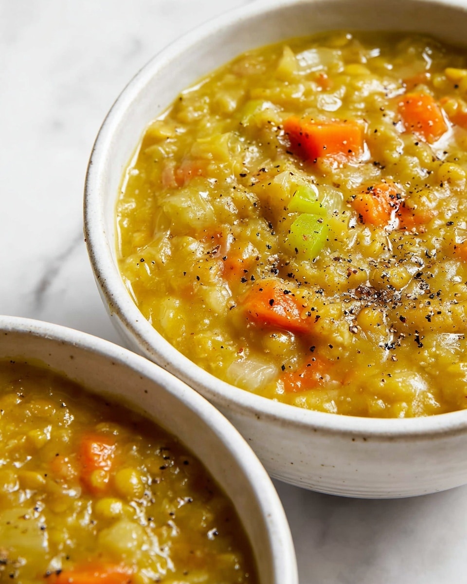 A close-up view of two white bowls filled with thick, yellow-green split pea soup. The soup in the main bowl shows visible layers of soft, chunky vegetables including bright orange carrot pieces, light green celery slices, and translucent onion bits, all coated in a slightly glossy, hearty broth with a grainy texture. The soup is sprinkled generously with coarse black pepper. The bowls rest on a white marbled surface, highlighting the warm, comforting colors and textures of the soup. photo taken with an iphone --ar 4:5 --v 7