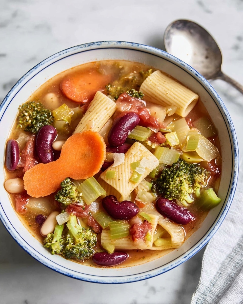 A white bowl with a blue rim holds a colorful vegetable and bean soup with pasta. The soup has large pieces of orange carrot slices in a curved line on the left side, deep purple kidney beans scattered across the center, bright green celery pieces mixed around, and green broccoli florets near the bottom right. Large tubular pasta pieces, light yellow with ridges, float near the middle and back. The soup looks creamy with a light orange broth and small bits of tomato and onion visible throughout. The bowl sits on a white marbled surface with a silver spoon nearby. Photo taken with an iphone --ar 4:5 --v 7