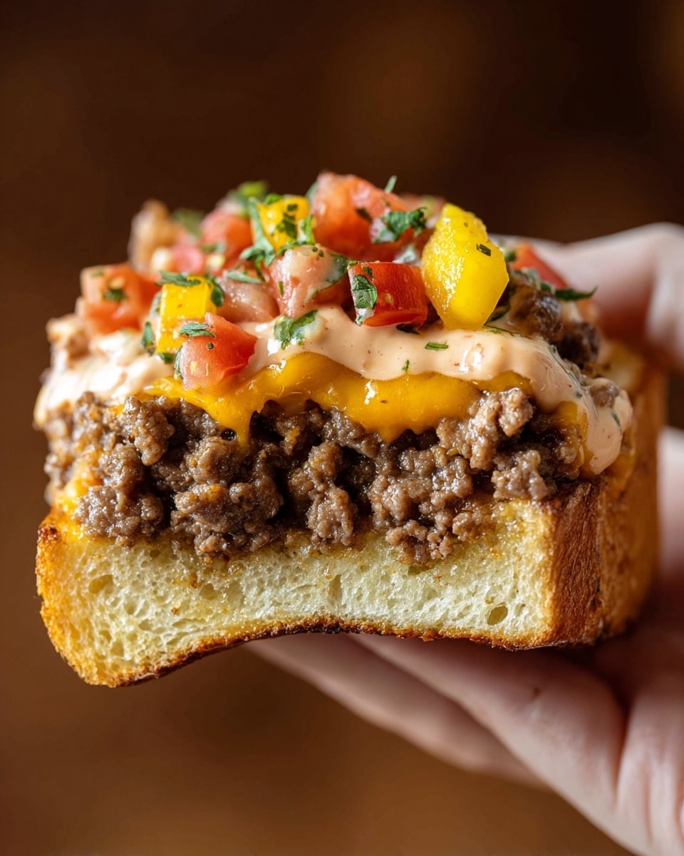 The image shows two pieces of soft, golden toasted bread as the base layer, each topped with cooked brown ground meat covered in melted orange cheddar cheese. On top of the cheese and meat, there is a layer of small chopped bright red tomatoes and light green chopped pickles. A creamy pink sauce is drizzled over the toppings, and some green herbs are sprinkled on everything. The toasted bread pieces are placed on a wooden cutting board with scattered bits of tomato and pickle around. Photo taken with an iphone --ar 4:5 --v 7