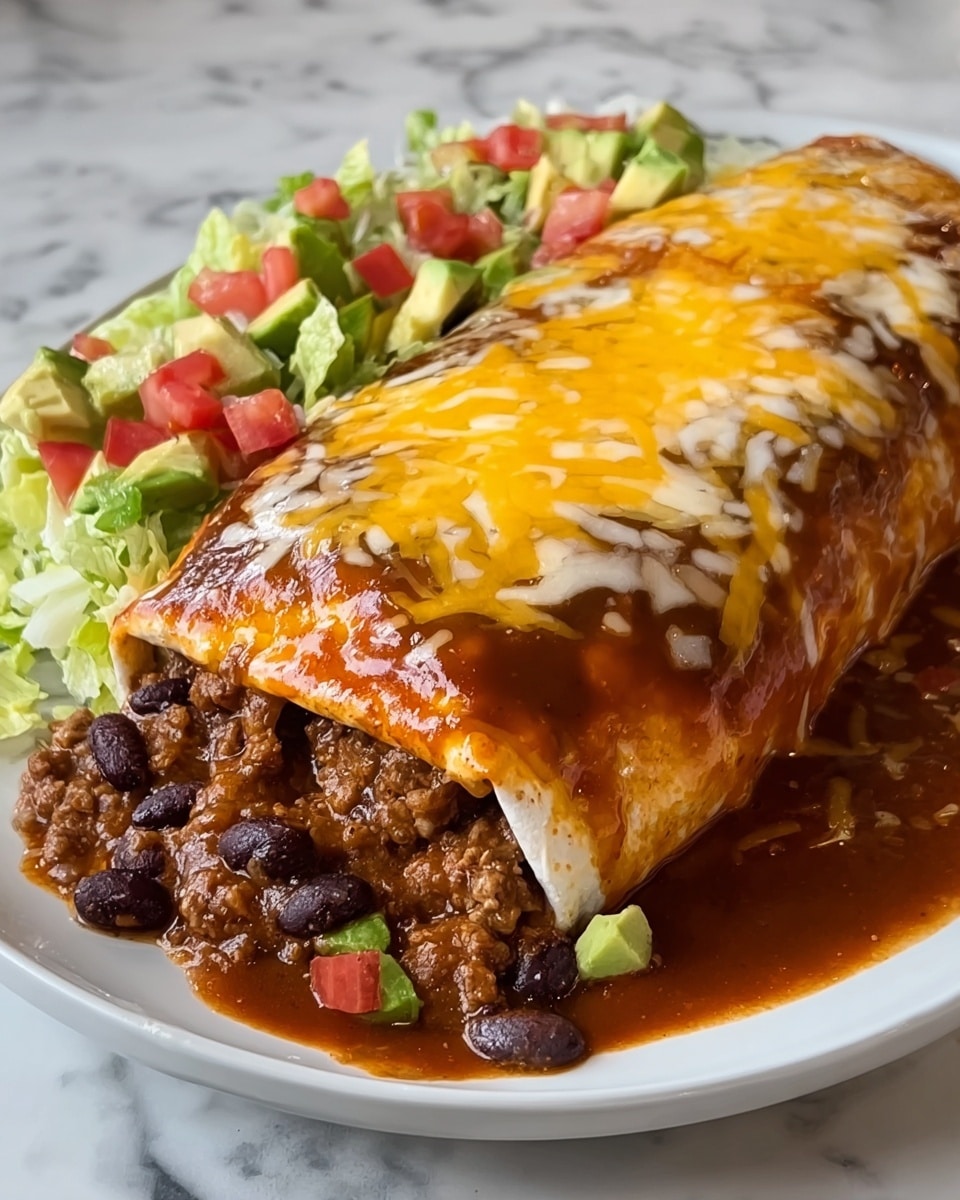 A white plate holds a large two-layered enchilada with melted yellow and white cheese spread evenly on top, covering a soft beige tortilla filled with a dark brown ground meat and bean mixture, all sitting in a pool of red sauce at the bottom. To the right of the enchilada is a fresh side salad made of diced green avocado, red tomato, purple onion, and white onion pieces, topped with a green cilantro leaf, all resting on a white marbled textured surface. Photo taken with an iphone --ar 4:5 --v 7