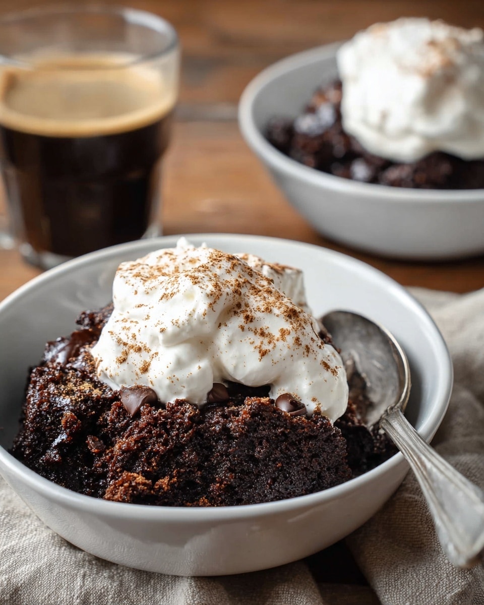 Two white bowls each hold a serving of chocolate pudding cake with a dark, glossy chocolate layer on top of a moist, crumbly chocolate cake base. Each serving is topped with a generous dollop of smooth, white whipped cream sprinkled lightly with fine brown cinnamon powder. The bowls sit on a wooden table next to scattered chocolate chips and vintage silver spoons, with a piece of beige cloth nearby. The texture of the pudding is rich and shiny, contrasting with the soft, airy whipped cream. photo taken with an iphone --ar 4:5 --v 7