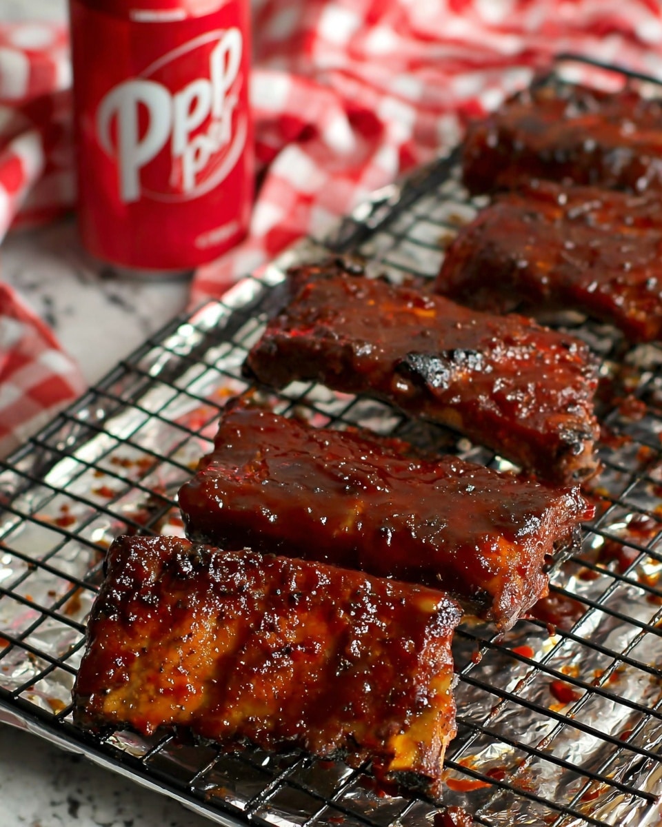 A close-up view of several pieces of ribs covered with thick, shiny barbecue sauce in a rich reddish-brown color, placed on a black grill rack with a slightly charred texture visible around the edges of the ribs, all resting on an aluminum pan underneath. In the background, there is a red can with white lettering, blurred but standing against a white marbled surface with a soft white and red checkered cloth nearby. photo taken with an iphone --ar 4:5 --v 7