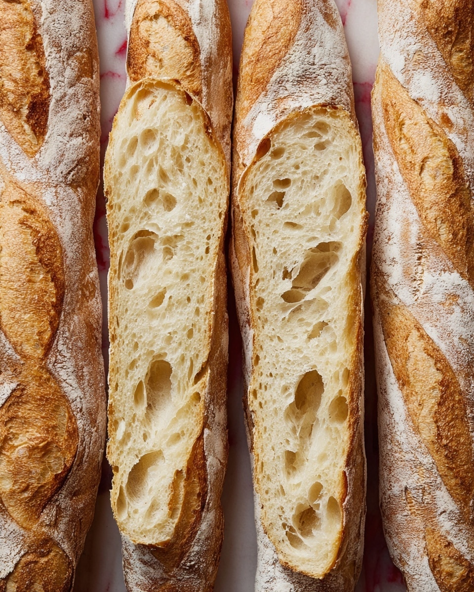 The image shows three long baguettes with a golden-brown crust and a dusting of white flour on top, each with a few diagonal cuts exposing the soft, lighter inside. The baguettes rest on a white plate with a red and white striped cloth underneath, placed on a round woven mat, all set against a white marbled textured surface. To the right, there is a white plate with red floral patterns holding several slices of pale yellow butter. photo taken with an iphone --ar 4:5 --v 7
