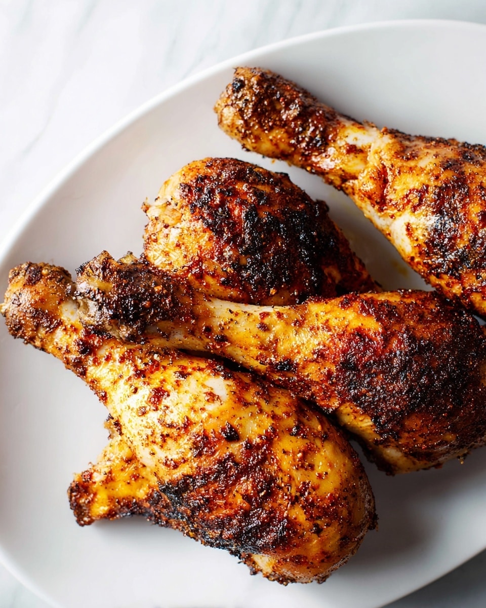 Three pieces of roasted chicken legs with a dark brown, crispy spice coating are arranged closely together on a white plate. The chicken skin shows a mix of golden-yellow and rich burnt orange colors with visible charred spots and seasoning specks creating a textured, slightly rough surface. The white plate contrasts with the darker, flavorful-looking chicken pieces, all set on a white marbled surface. photo taken with an iphone --ar 4:5 --v 7