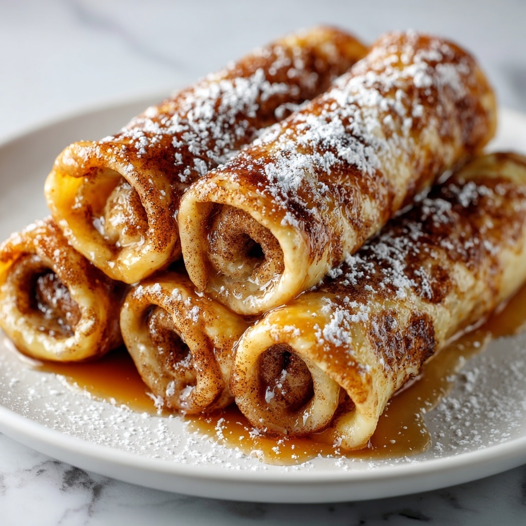 The image shows a close view of five rolled pancakes stacked together on a white plate, each pancake having a golden brown color with a shiny glaze that looks like honey or syrup covering their surfaces. The pancakes have a slightly textured, soft outer layer with a visible cinnamon sugar mixture inside the swirl, giving them a warm brown speckled appearance. Small patches of powdered sugar are dusted over the pancakes, adding a light white contrast to the caramelized brown tones. The background is a white marbled texture. photo taken with an iphone --ar 4:5 --v 7