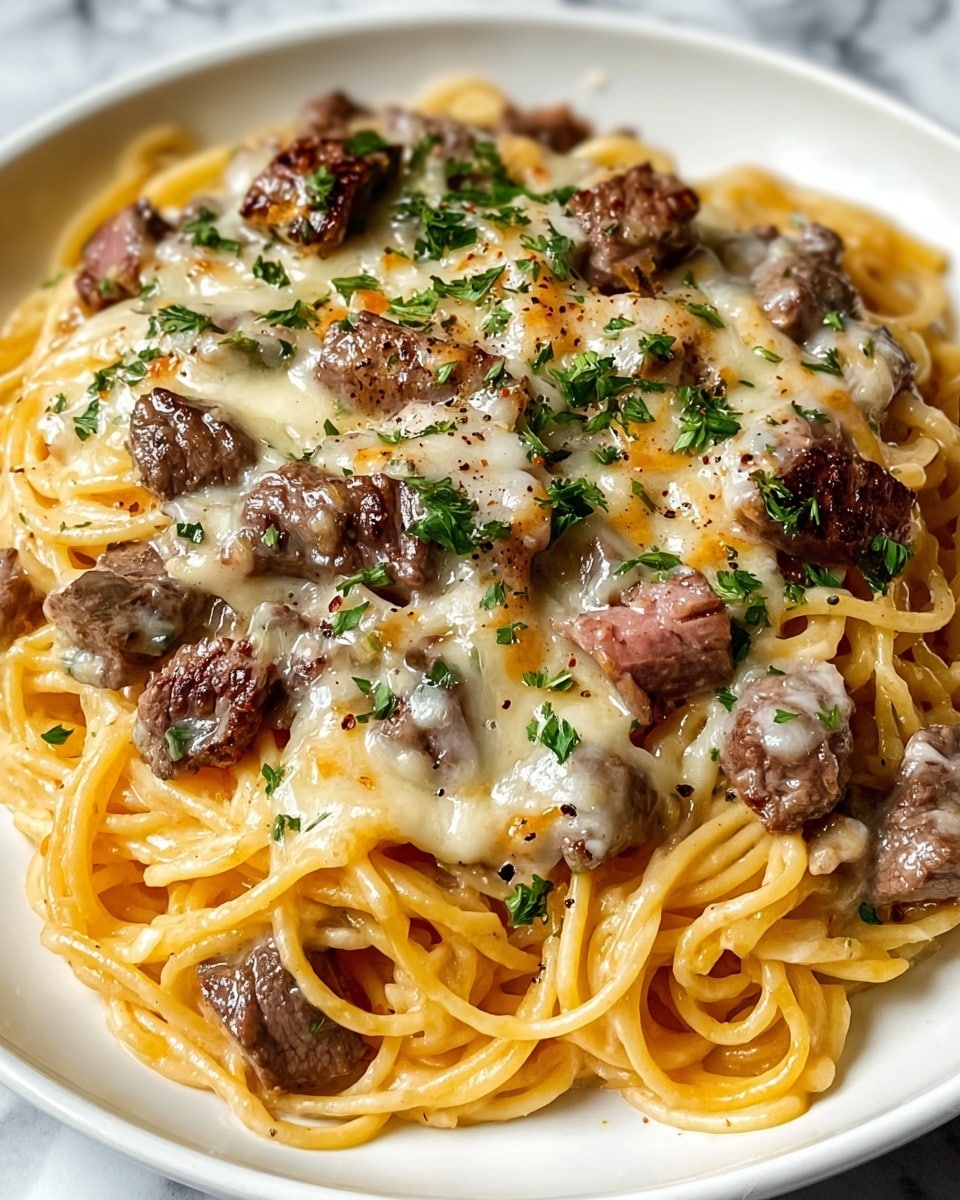 This image shows a plate of creamy spaghetti topped with browned beef chunks and melted cheese. The base layer is yellow spaghetti noodles coated in a smooth, light orange sauce. Above this are medium-sized pieces of browned beef, some with a pink center, scattered evenly on the pasta. The top layer features melted cheese that is golden and bubbly in spots, mixed with small green parsley leaves sprinkled all over. Finally, there are some black pepper flakes spread to finish the look, all served on a white plate with a white marbled surface in the background. photo taken with an iphone --ar 4:5 --v 7