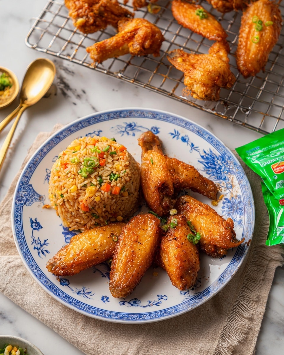 A round white plate with blue floral patterns holds a pile of golden brown fried chicken wings, each wing showing a crisp texture with small bubbles and a slight sheen. The wings are layered naturally over one another, some resting flat while others lean at angles, sprinkled with small green slices of scallion for color contrast. In the top left corner, part of a white bowl filled with fried rice mixed with diced carrots and peas is visible, sitting on a light beige cloth. The background is a white marbled texture. Photo taken with an iphone --ar 4:5 --v 7