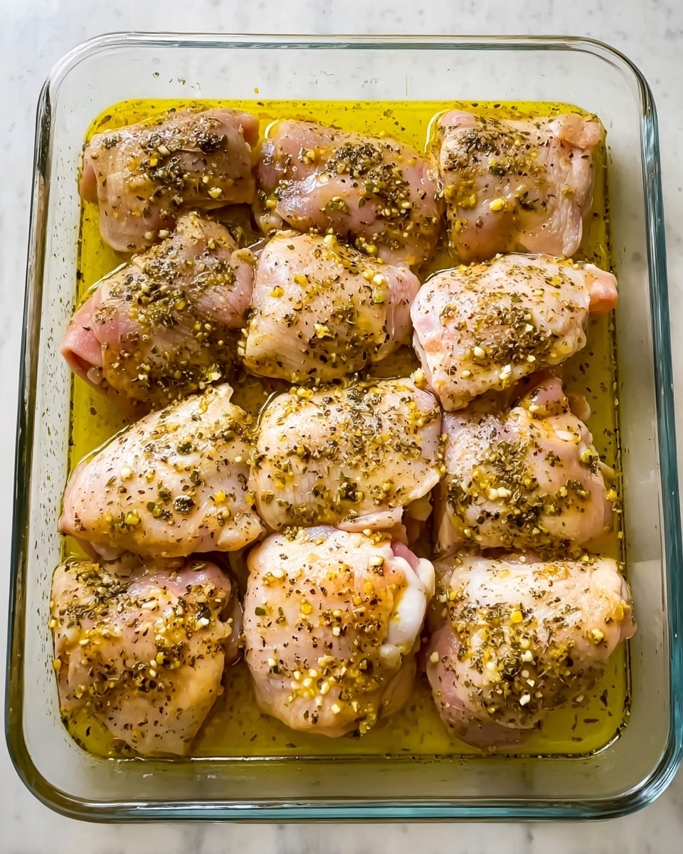 A clear rectangular glass baking dish is filled with 15 pieces of raw chicken thighs, spread out in three rows. Each piece is pale pink with a shiny, oily texture and is covered with small black pepper specks and bits of garlic. The chicken pieces sit in a thick pool of golden-yellow oil at the bottom of the dish. The dish is placed on a white marbled surface. photo taken with an iphone --ar 4:5 --v 7