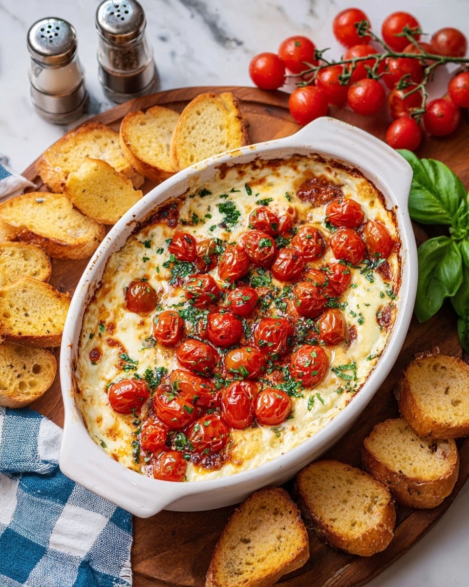The dish is a white bowl filled with a creamy, melted cheese base that is smooth and slightly bubbly, topped with bright red cherry tomato halves scattered across the surface. Fresh green herbs, likely spinach or basil, are mixed evenly throughout the cheese, adding a fresh green color and texture contrast. Around the edges and within the dish, there are several pieces of golden-brown toasted bread slices, crispy and textured. A woman's hand is lifting one piece of toasted bread, which is covered with stretchy, melted cheese strands pulling away from the dish. The bowl is set against a white marbled surface. photo taken with an iphone --ar 4:5 --v 7